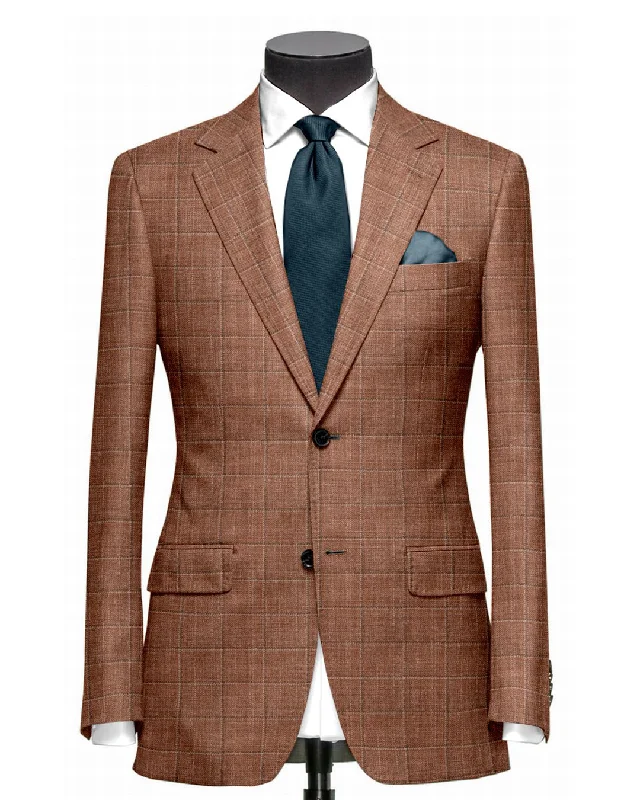 Men's Suits with Ticket PocketsEthomas Brick Brown White Checks Jacket