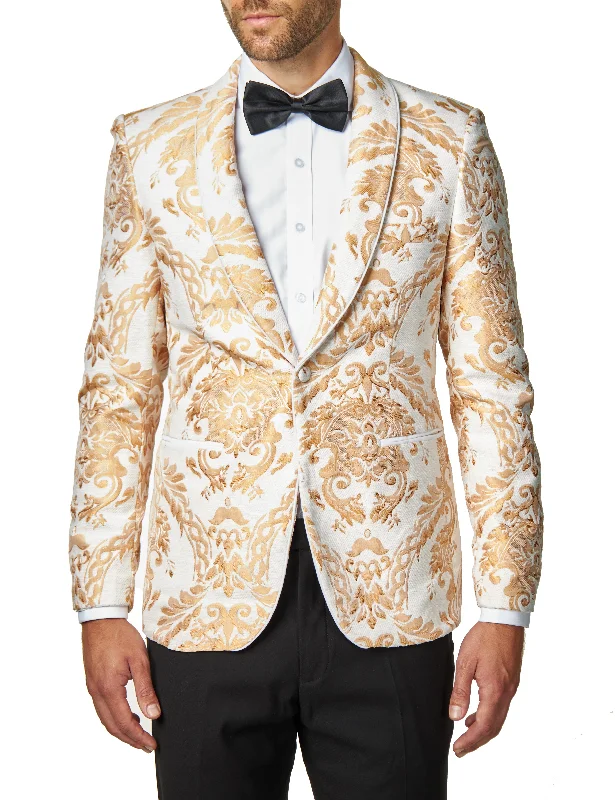 Men's Suits with Side-Adjustable Trouser WaistsGLEN - Peach Paisley Brocade Print on Ivory Cream Jacquard Jacket