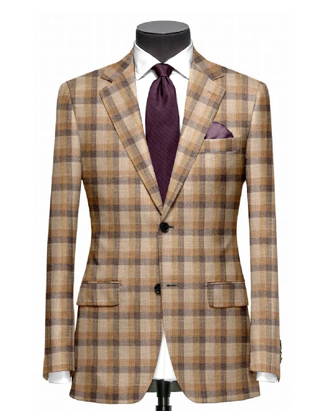 Men's Suits with Peak LapelsEthomas Olive Green Beige Mustard Checks Jacket