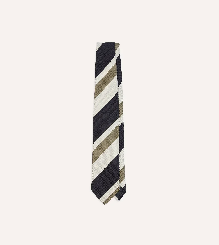 Men's Suits with Wool-Blend FabricsNavy and Olive Broad Stripe Silk Tipped Tie