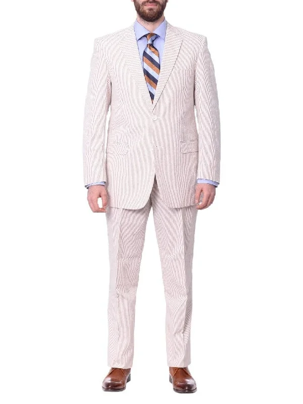 Men's Suits with Stretch FabricsEmigre Big & Tall Classic Fit Tan Striped Two Button Cotton Seersucker Suit