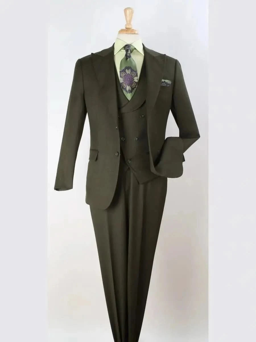 Men's Suits for Cocktail PartiesApollo King Mens Big & Tall Olive Green Regular Fit 100% Wool 3 Piece Suit With Peak Lapels