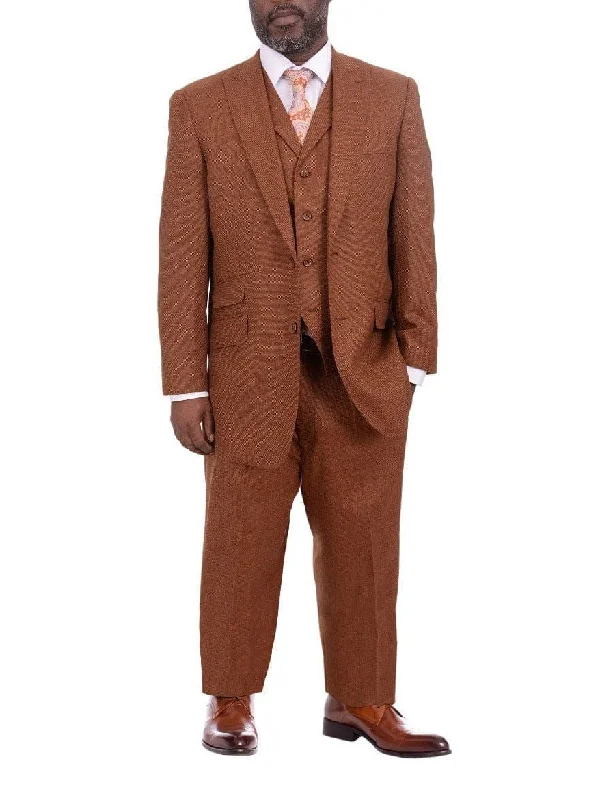 Warm Men's Wool-Blend SuitsApollo King Big & Tall Classic Fit Rust Brown Check Three Piece Wool Suit With Peak Lapels