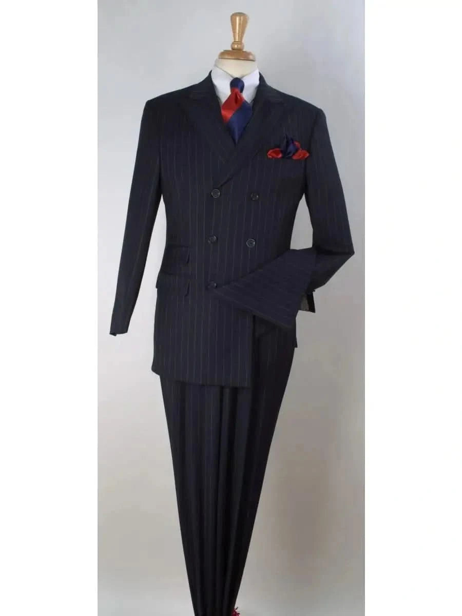 Men's Suits for WeddingsApollo King Mens Big & Tall Navy Blue Pinstriped Double Breasted 3 Piece Pleated Wool Suit