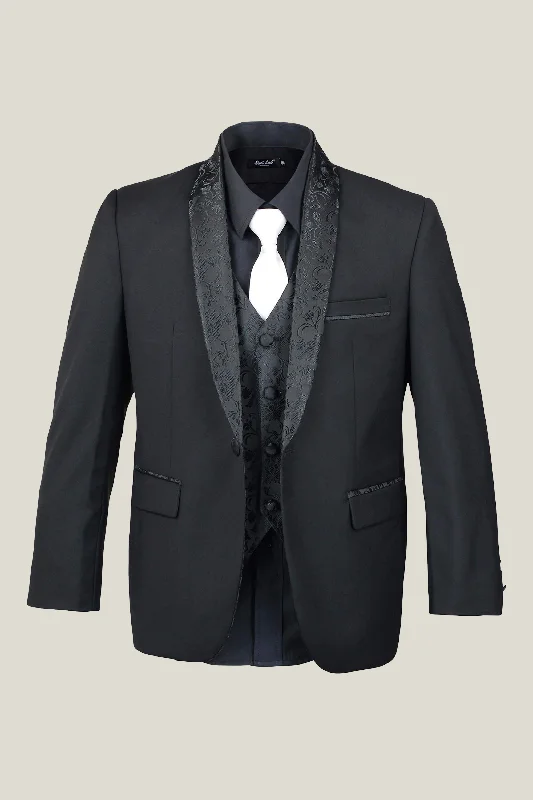 Elegant Men's Linen SuitsMatte Black Jacket with Embroidery Lapel