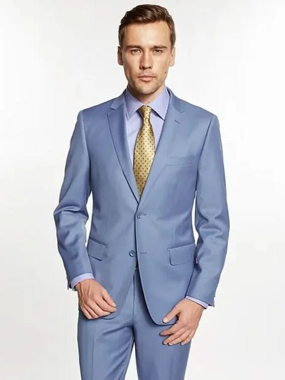 Men's Suits with Peak LapelsMens Big & Tall Solid Light Blue 100% Wool 2 Button 2 Piece Regular Fit Suit