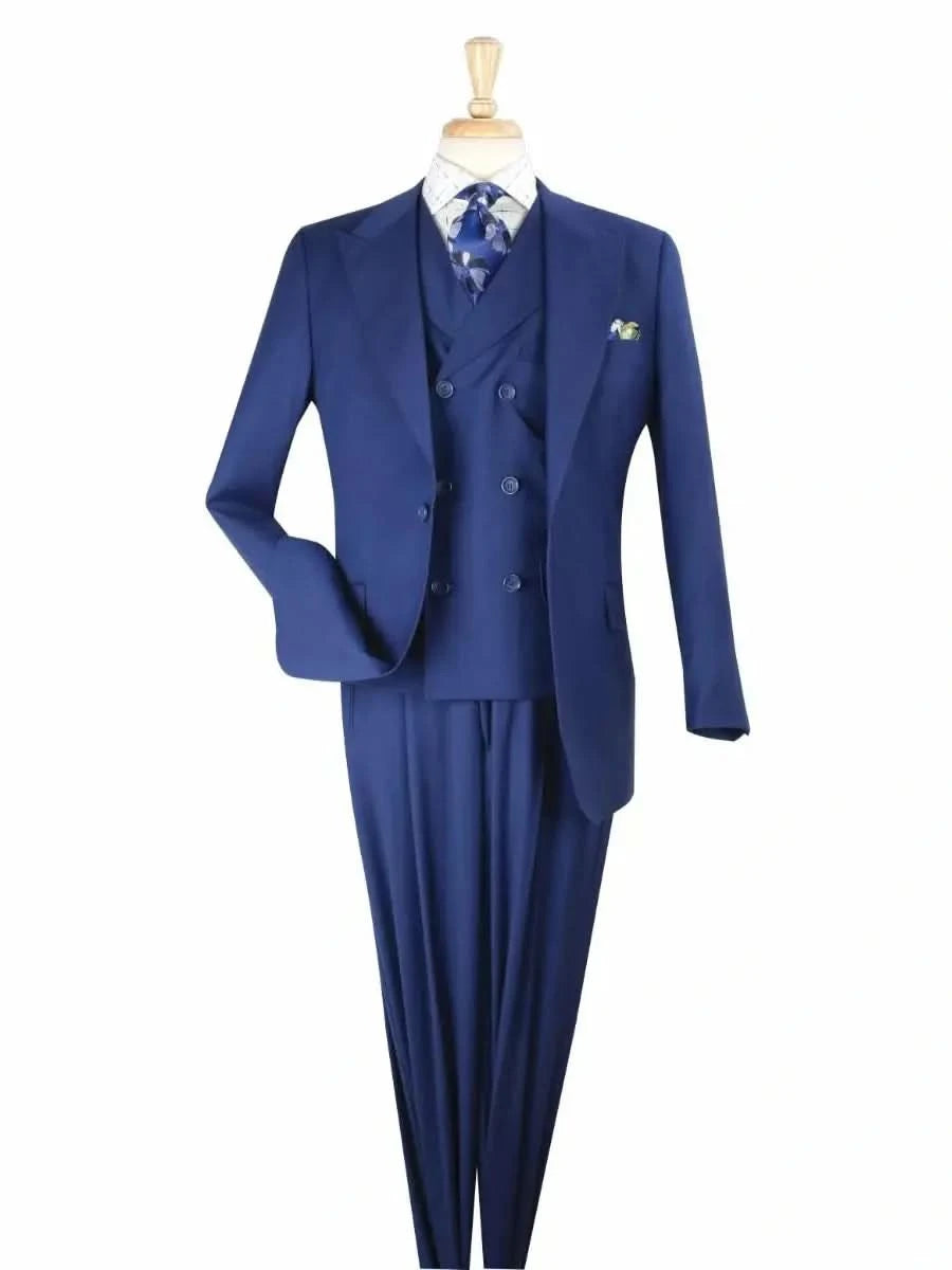 Men's Suits with Wide LegsApollo King Big & Tall Solid Blue 100% Wool Classic Fit 3 Piece Pleated Suit with Peak Lapels