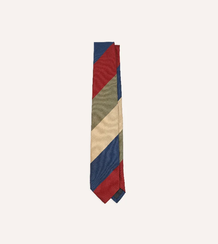 Fashionable Men's Smart Casual SuitsRed, Green and Navy Wide Stripe Repp Silk Cotton Tipped Tie