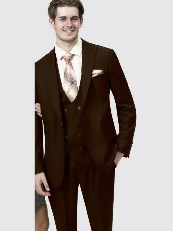 Men's Suits with Half-Canvas ConstructionsKent & Park Big & Tall Solid Brown Regular Fit Two Button 3 Piece Suit With Peak Lapels