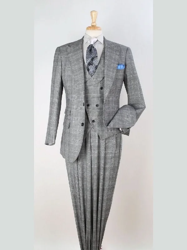 Men's Suits with Peak LapelsApollo King Mens Big & Tall Classic Fit Gray Plaid 3 Piece 100% Wool Suit With Peak Lapels