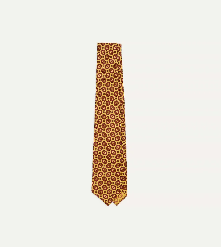 Trendy Men's Patterned SuitsYellow Flower Print 40oz Madder Silk Hand Rolled Tie