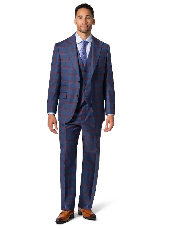 Men's Suits with Cuffed Trouser LegsBeragamo Elegant Men Blue Plaid Classic Fit 100% Wool 3 Piece Suit & Peak Lapels