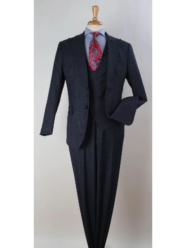 Men's Suits for Formal EventsApollo King Mens Big & Tall Blue Check Regular Fit 100% Wool 3 Piece Suit With Peak Lapels