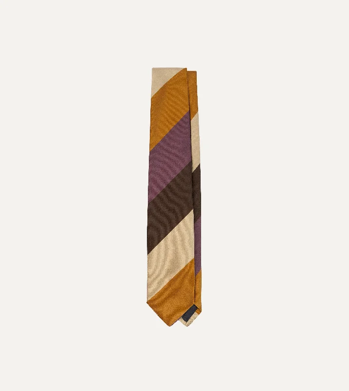 Men's Suits with Security PocketsPurple, Brown and Cream Wide Stripe Repp Silk Cotton Tipped Tie