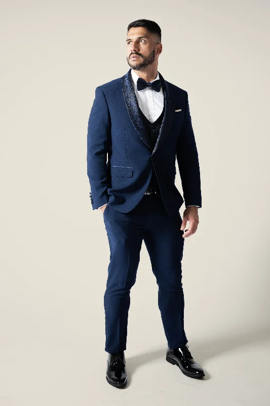 Men's Suits with Wide LegsMens Navy Tuxedo with Embroidery Lapel