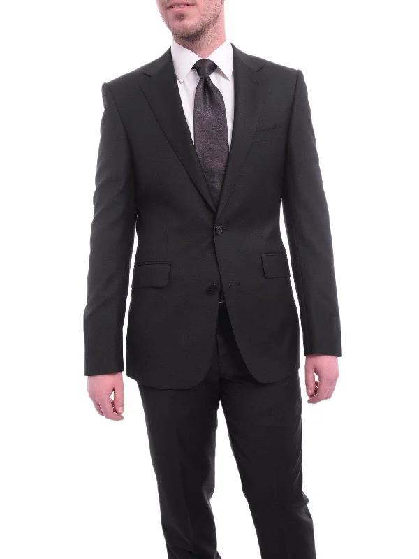 Men's Suits with Satin LiningsNapoli Slim Fit Solid Black Half Canvassed Wool Cashmere Blend Suit