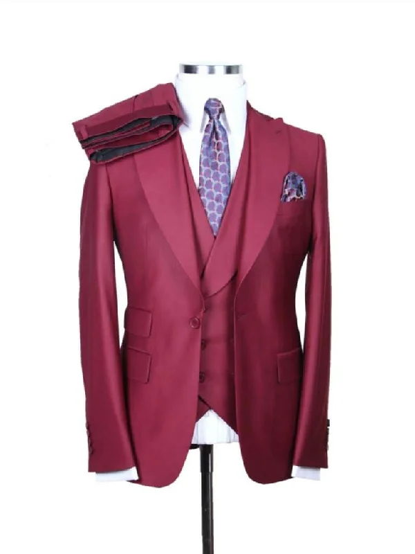 Men's Suits with Shawl LapelsAlberto Nardoni BIg & Tall Solid Burgundy 100% Wool 1 Button 3 Piece Regular Fit Suit