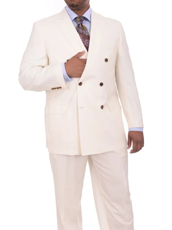 Luxurious Men's Silk-Lined SuitsApollo King Big & Tall Solid Off White Cream 6-on-2 Double Breasted Wool Suit