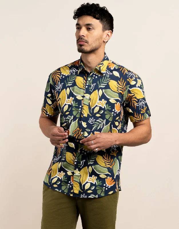 Men's Suits for Skinny MenWaihi Navy Large Painted Leaf Print Short Sleeve Shirt