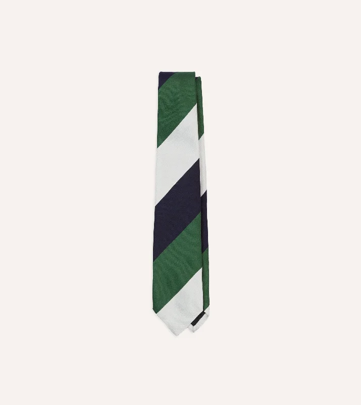 Men's Suits for Big and Tall MenWhite, Navy and Green Wide Stripe Repp Silk Tipped Tie