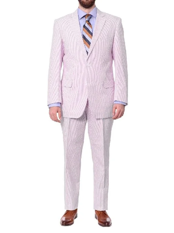 Men's Suits with Tweed FabricsEmigre Big & Tall Classic Fit Pink Striped Two Button Cotton Seersucker Suit