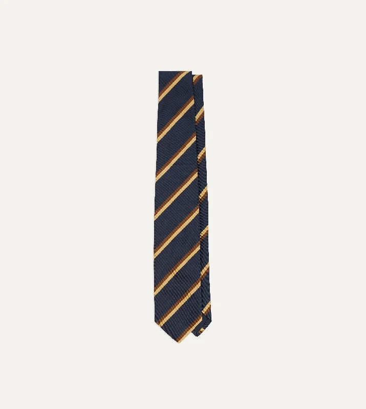 Men's Suits with Patch PocketsGold, Navy and Brown Double Stripe Mogador Silk Tipped Tie