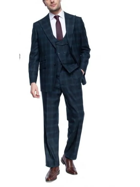 Men's Suits for Creative FieldsCanuti By Steven Land Mens Big & Tall Navy Blue Plaid 3 Piece Suit With Peak Lapels