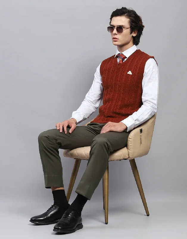 Men's Coats with Fur TrimMen Rust Self Design V Neck Sleeveless Sweater