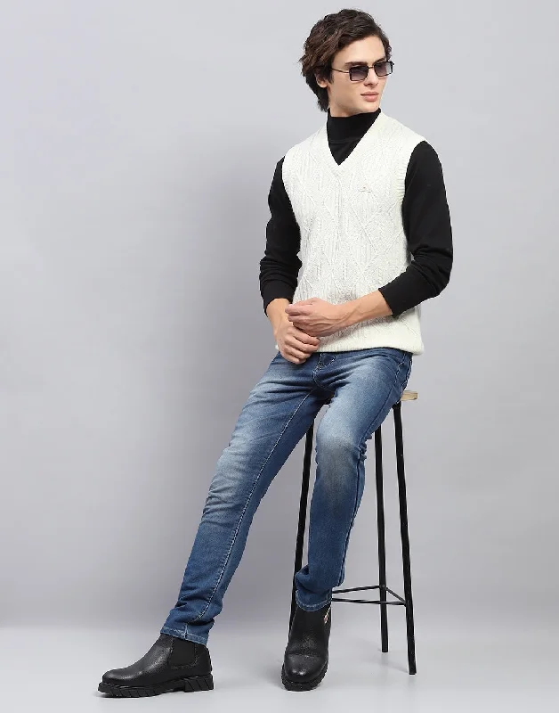 Men's Coats for Skinny MenMen White Self Design V Neck Sleeveless Sweater