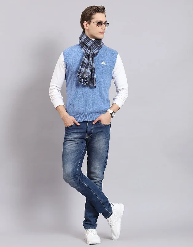 Men's Coats with Flannel LiningMen Blue Solid V Neck Sleeveless Sweater