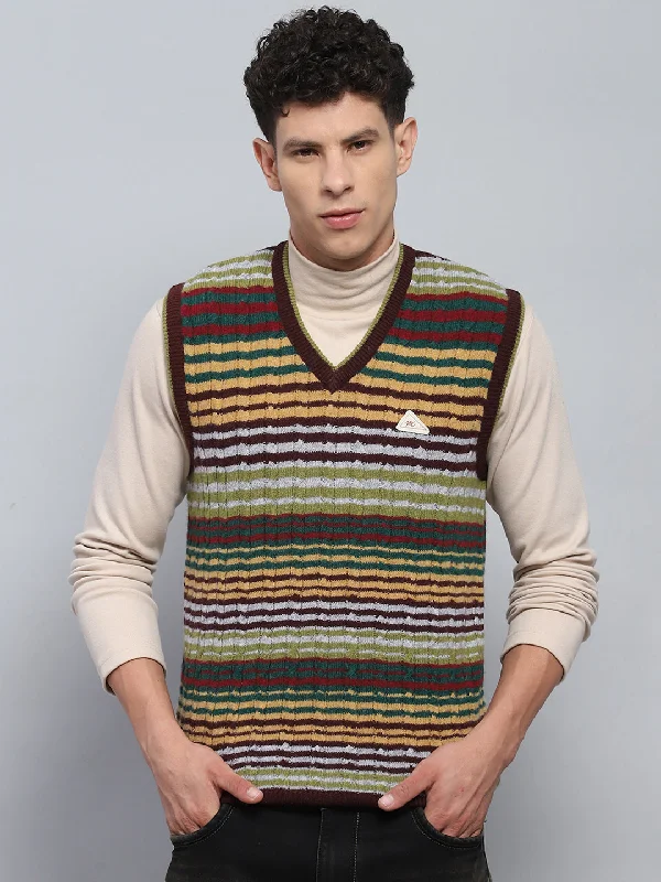 Men's Coats with HoodsMen Multicolor Stripe V Neck Sleeveless Sweater