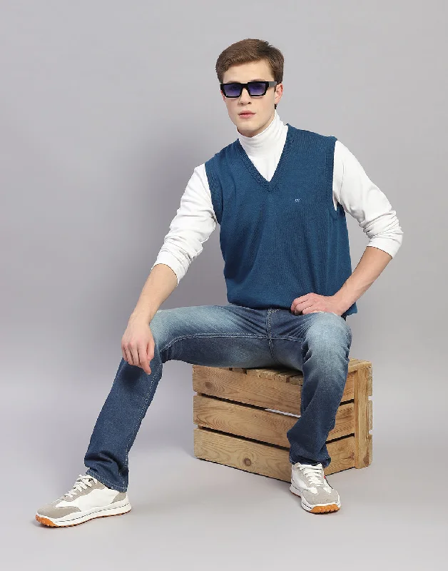 Men's Coats with VentilationMen Blue Solid V Neck Sleeveless Sweater