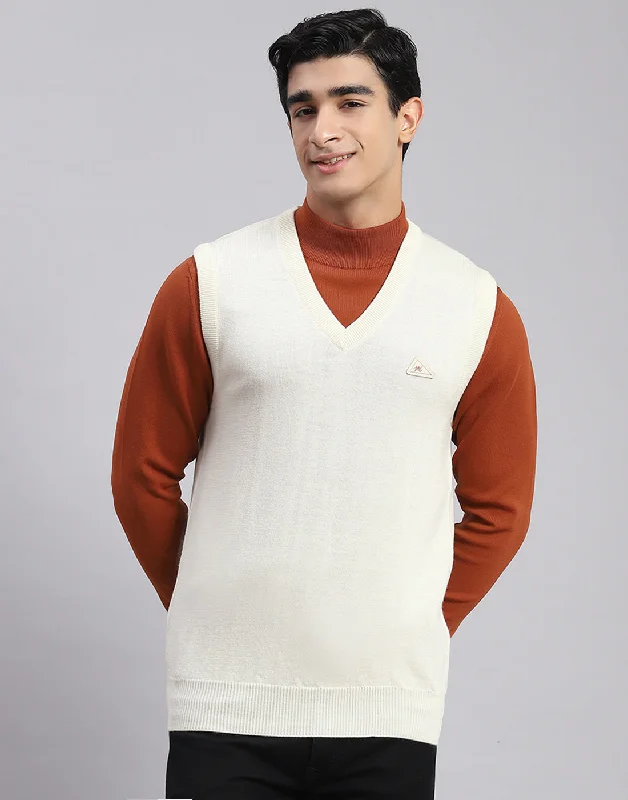 Men's Coats with Reflective StripesMen Off White Solid V Neck Sleeveless Sweater