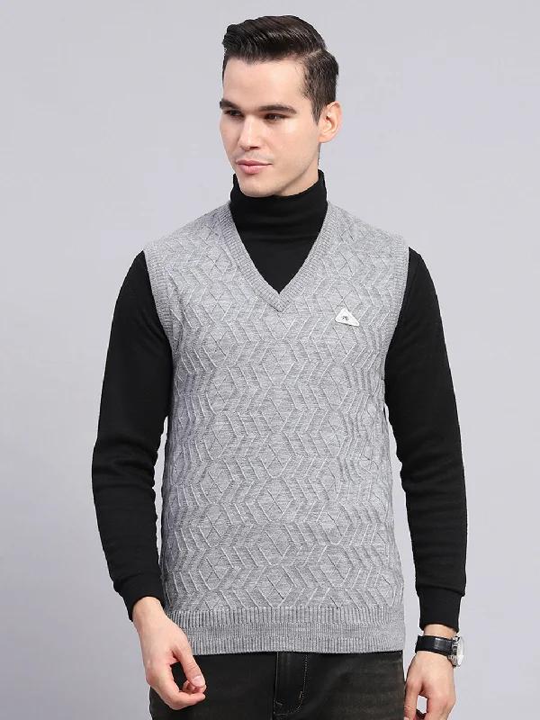 Durable Men's Car CoatsMen Grey Self Design V Neck Sleeveless Sweater