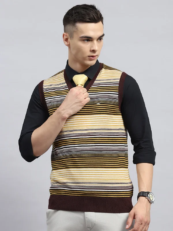 Trendy Men's Anorak JacketsMen Yellow & Brown Stripe V Neck Sleeveless Sweater