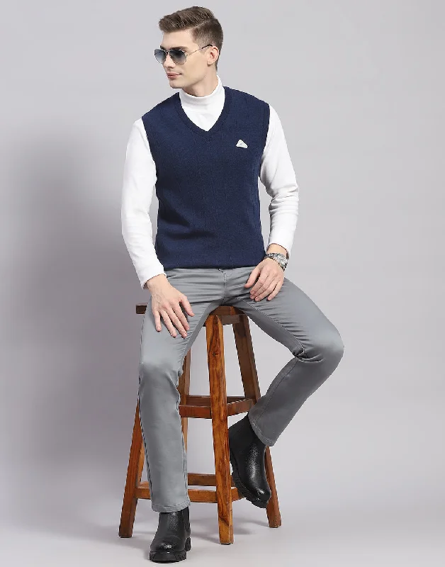 Men's Coats with LiningMen Navy Blue Solid V Neck Sleeveless Sweater