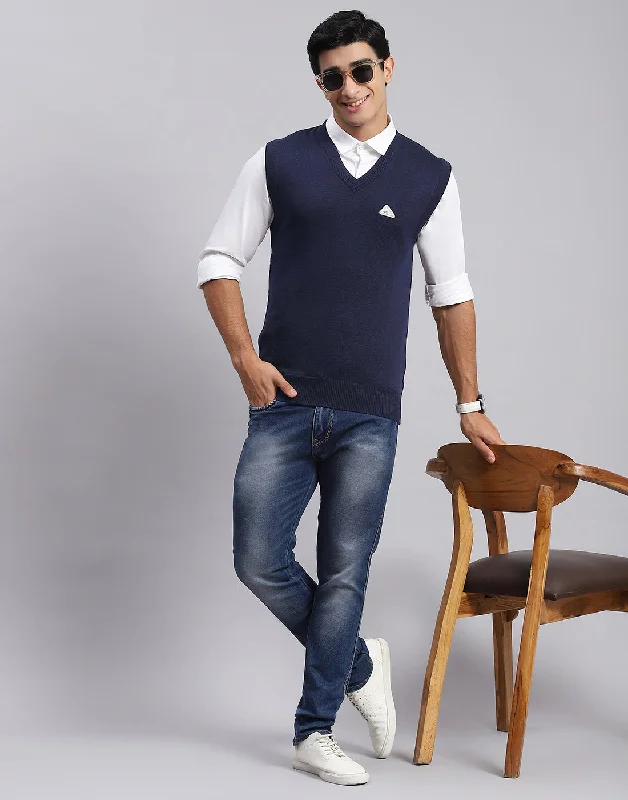 Men's Coats with Water-Repellent FabricMen Navy Blue Solid V Neck Sleeveless Sweater