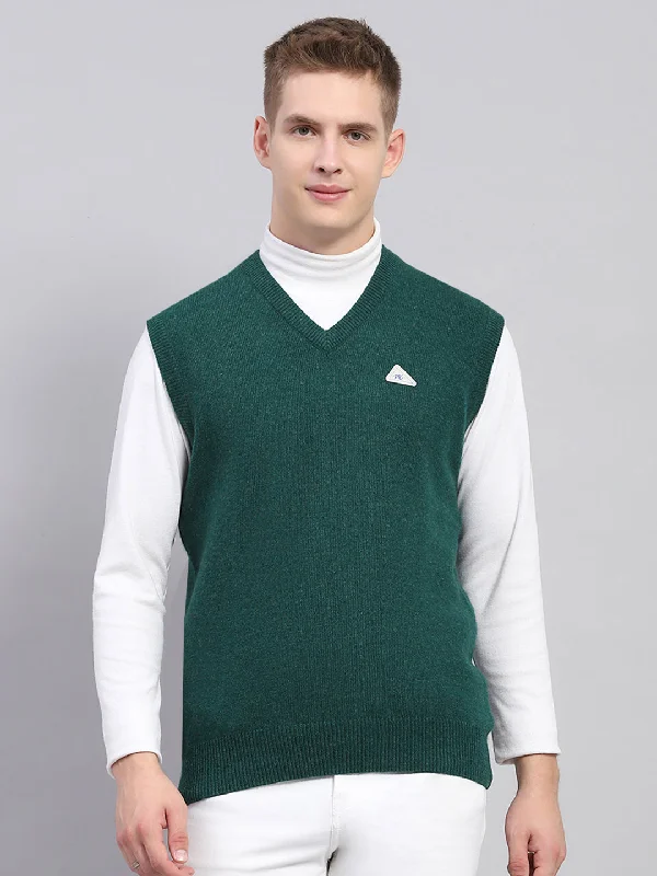 Comfortable Men's ParkasMen Green Solid V Neck Sleeveless Sweater