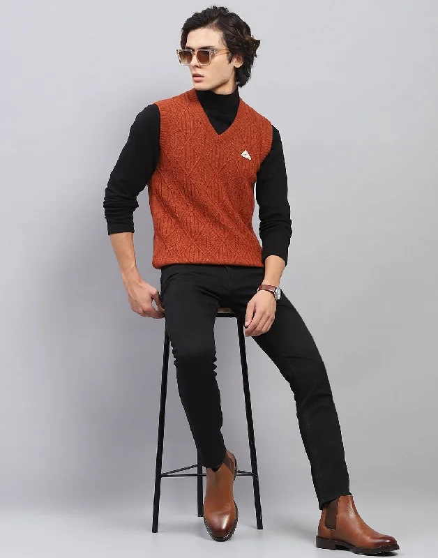 Men's Coats for Short MenMen Rust Self Design V Neck Sleeveless Sweater