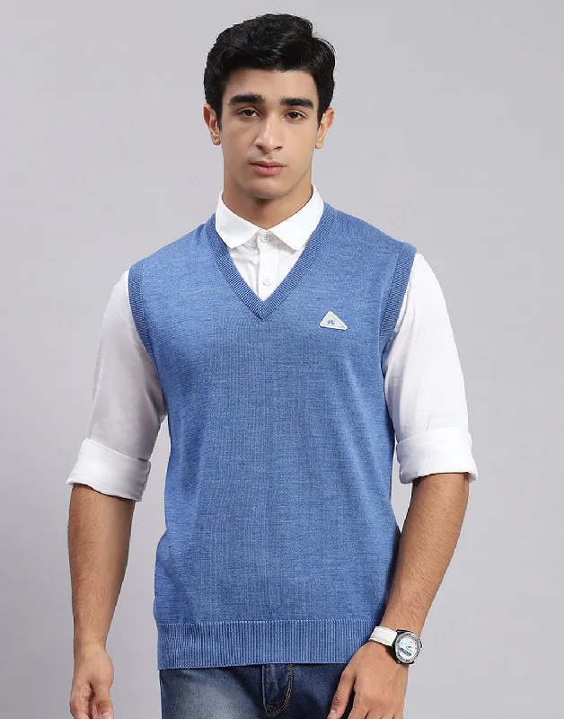 Men's Coats with Hand WarmersMen Blue Solid V Neck Sleeveless Sweater