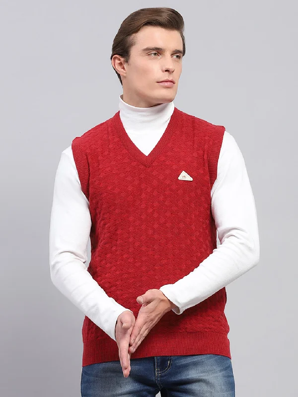 Functional Men's Ski JacketsMen Red Self Design V Neck Sleeveless Sweater