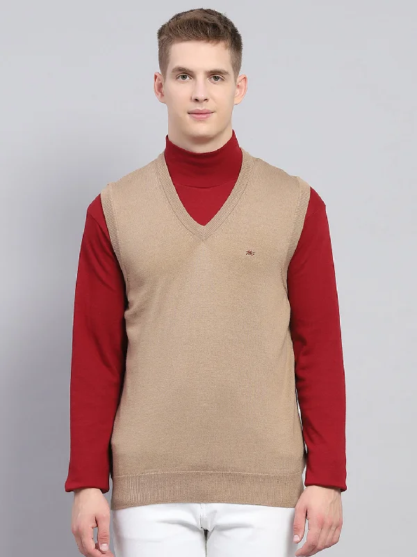 Men's Coats for All SeasonsMen Beige Solid V Neck Sleeveless Sweater