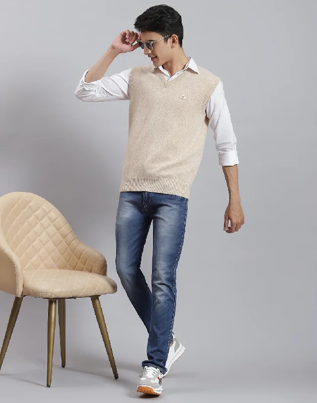 Men's Coats with Relaxed FitsMen Beige Solid V Neck Sleeveless Sweater