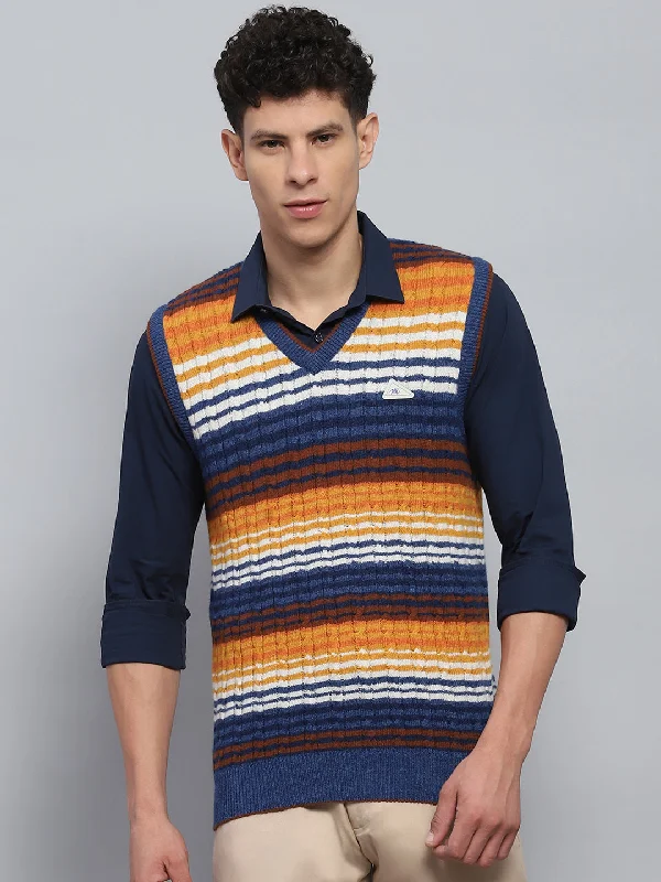 Men's Coats with PocketsMen Blue & Orange Stripe V Neck Sleeveless Sweater