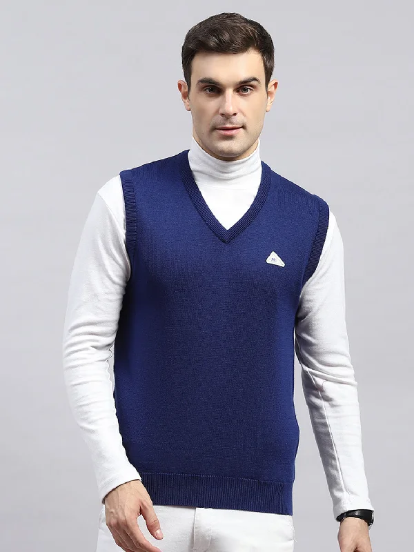 Modern Men's Field JacketsMen Blue Solid V Neck Sleeveless Sweater