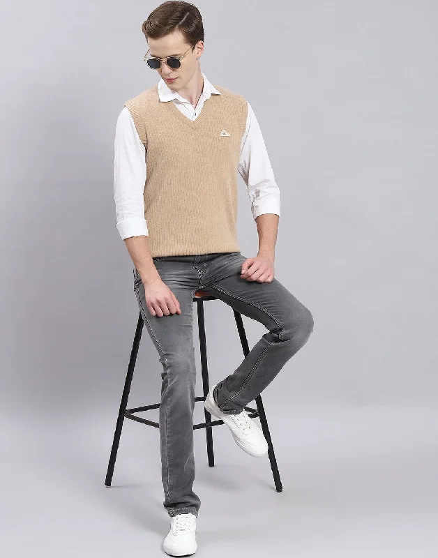 Men's Coats for SpringMen Beige Solid V Neck Sleeveless Sweater