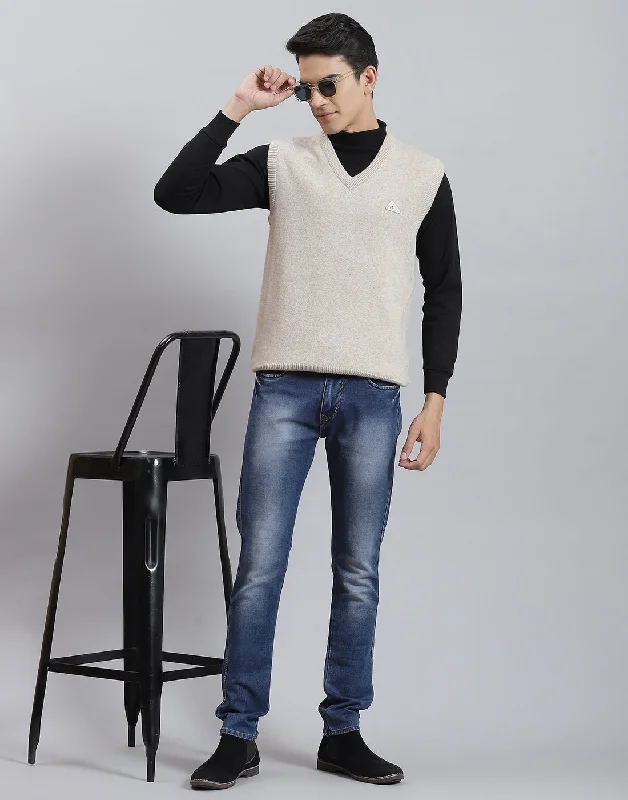 Men's Coats with Embroidered DetailsMen Beige Solid V Neck Sleeveless Sweater