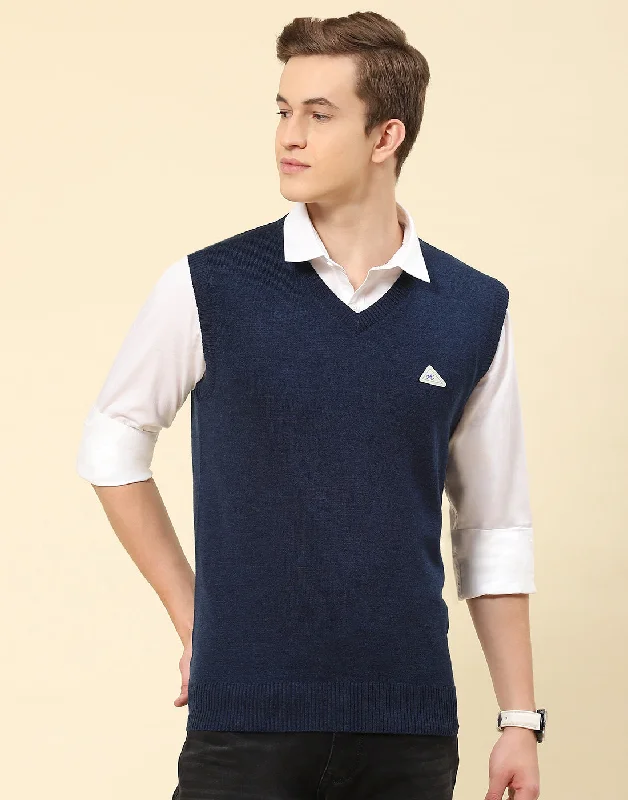 Men's Coats for Dressy OccasionsMen Blue Solid V Neck Sleeveless Sweater