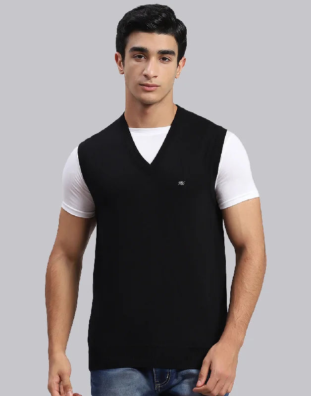 Men's Coats with Quilted LiningMen Black Solid V Neck Sleeveless Sweater