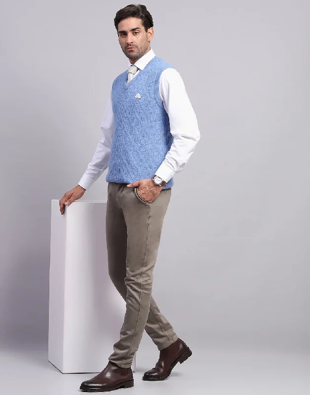 Men's Coats for Mild WeatherMen Blue Self Design V Neck Sleeveless Sweater